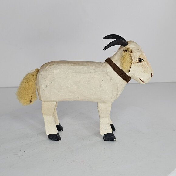 Bob Sprengelmeyer Handcrafted Wooden Goat Figurine With Fluffy Tail Horns Signed - Picture 5 of 9